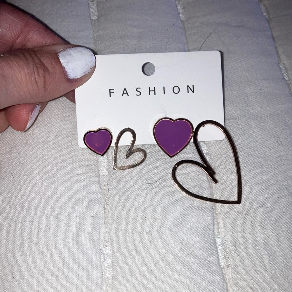 Purple and Gold Heart Earrings Set